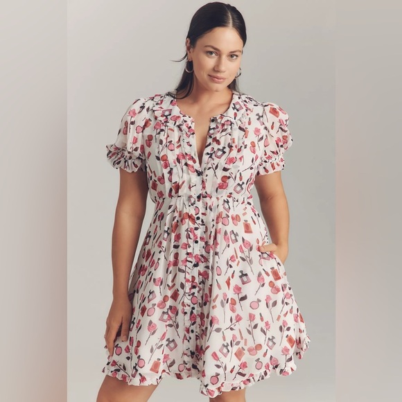 NWT! Anisa Makhoul x Maeve Puff-Sleeve Collared Bow-Front Pleated Mini Dress 🔮 - Picture 6 of 10